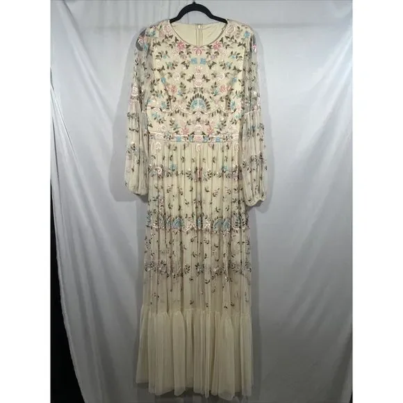 NEW Mac Duggal [‎ 10 ] 35111 Floral Embroidered Blouson Sleeve Gown Ivory Long - Picture 10 of 16